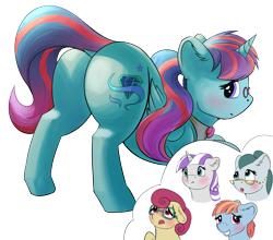 Size: 2688x2363 | Tagged: safe, artist:shaliwolf, derpibooru import, cloudy quartz, posey shy, twilight velvet, windy whistles, oc, oc:earthing elements, alicorn, earth pony, pegasus, pony, unicorn, alicorn oc, blushing, bow, butt, clothes, collar, commissioner:bigonionbean, cutie mark, embarrassed, extra thicc, female, flank, fusion, fusion:earthing elements, glassed, grandparents, hair bow, horn, mare, plot, ponytail, shocked, shy, spankable plot, thicc ass, thought bubble, wings, writer:bigonionbean