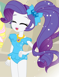 Size: 1164x1511 | Tagged: safe, artist:jucamovi1992, derpibooru import, edit, rarity, oc, comic:the love of the mermaid, equestria girls, alternate hairstyle, beach, clothes, comic, cropped, eyes closed, female, legs together, one-piece swimsuit, solo focus, swimsuit