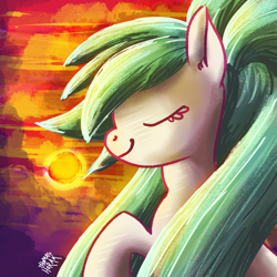 Size: 1024x1024 | Tagged: safe, artist:the-barinade, derpibooru import, oc, oc:bapjangles, earth pony, pony, eyes closed, pigtails, smiling, solo, sun, sunset, twintails