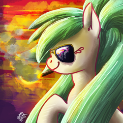 Size: 1024x1024 | Tagged: safe, artist:the-barinade, derpibooru import, oc, oc:bapjangles, earth pony, pony, aviator glasses, cigar, eyes closed, glasses, pigtails, smiling, smoke, smoking, solo, sunglasses, sunset, twintails