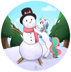 Size: 1024x1035 | Tagged: safe, artist:foxhatart, derpibooru import, oc, oc:mint, pony, unicorn, female, mare, snowman, solo, tree