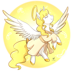 Size: 1024x1002 | Tagged: safe, artist:foxhatart, derpibooru import, oc, oc:golden skies, alicorn, angel, pony, alicorn oc, clothes, female, halo, holy, horn, mare, solo, two toned wings, wings, yellow