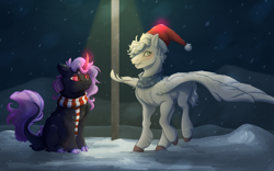 Size: 6400x4000 | Tagged: safe, artist:isorrayi, derpibooru import, oc, oc only, classical unicorn, pegasus, pony, unicorn, christmas, clothes, cloven hooves, female, hat, holiday, leonine tail, mare, santa hat, scarf, unshorn fetlocks