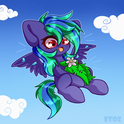 Size: 2000x2000 | Tagged: safe, artist:etoz, derpibooru import, oc, oc only, oc:crystalli viventem, pegasus, pony, chibi, cloud, commission, cute, diamond, female, flower, flying, happy, mare, open mouth, pegasus oc, sky