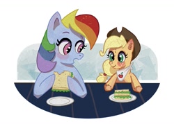 Size: 1223x877 | Tagged: safe, artist:camaleao, derpibooru import, applejack, rainbow dash, earth pony, pegasus, pony, appledash, applejack's hat, clothes, cowboy hat, cute, female, food, hat, lesbian, lunch, plushie, sandwich, shipping, simple background, toy