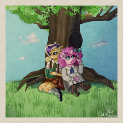 Size: 3300x3300 | Tagged: safe, artist:yonipony, derpibooru import, oc, oc:candy cloud, oc:crystal darlene, anthro, butterfly, earth pony, plantigrade anthro, unicorn, bird nest, book, boots, clothes, cravat, dress, freckles, magical lesbian spawn, mary janes, offspring, parent:applejack, parent:fluttershy, parent:pinkie pie, parent:rarity, parents:flutterpie, parents:rarijack, reading, shoes, skirt, socks, suspenders, tree