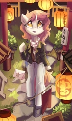 Size: 2364x4000 | Tagged: safe, alternate version, artist:saxopi, derpibooru import, oc, oc only, semi-anthro, unicorn, clothes, coat, golden eyes, lantern, pants, paper lantern, purse, scarf, solo, winter clothes