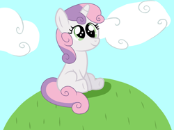 Size: 2047x1535 | Tagged: safe, artist:katliynrusshia, derpibooru import, sweetie belle, pony, unicorn, blank flank, cloud, cute, diasweetes, female, filly, grass, hill, missing cutie mark, shadow, sitting, sky, smiling, solo, solo female