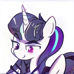 Size: 1024x1024 | Tagged: safe, artist:thisponydoesnotexist, derpibooru import, horn, looking down, machine learning abomination, neural network, not starlight glimmer, simple background, white background