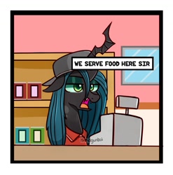 Size: 1500x1516 | Tagged: safe, artist:handgunboi, derpibooru import, queen chrysalis, changeling, changeling queen, can, cap, cashier, employee, female, hat, shelf, solo, spongebob squarepants, text box, window