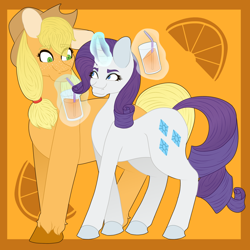 Size: 1280x1280 | Tagged: safe, artist:glowbugthunder, derpibooru import, applejack, rarity, earth pony, pony, unicorn, female, food, juice, lesbian, magic, orange, orange background, orange juice, rarijack, shipping, simple background