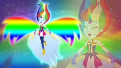 Size: 3840x2160 | Tagged: safe, derpibooru import, rainbow dash, equestria girls, clothes, colored wings, daydream, daydream-ified, fingerless gloves, gloves, glowing wings, multicolored wings, rainbow horn, rainbow wings, shoes, solo, strapless, wallpaper, wings