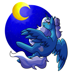 Size: 1045x1112 | Tagged: safe, derpibooru import, oc, oc:fleurbelle, alicorn, alicorn oc, bow, female, flying, hair bow, horn, mare, moon, night, simple background, sky, transparent background, wings