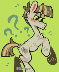 Size: 1308x1600 | Tagged: safe, artist:knightbug, derpibooru import, mudbriar, earth pony, pony, blushing, chest fluff, februpony, green background, leg fluff, male, question mark, simple background, solo, stallion, unshorn fetlocks