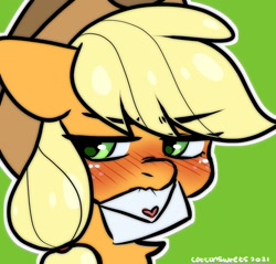 Size: 1100x1050 | Tagged: safe, artist:cottonsweets, derpibooru import, applejack, earth pony, pony, blushing, commission, commissioner:raritybro, cute, ears, embarrassed, envelope, floppy ears, jackabetes, looking away, love letter, mouth hold, scrunchy face, solo, tsundere, tsunjack, ych result