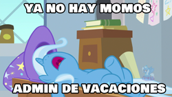 Size: 1280x720 | Tagged: safe, derpibooru import, edit, edited screencap, screencap, trixie, pony, unicorn, a horse shoe-in, clothes, hat, meme, nose in the air, open mouth, sleeping, spanish, text, trixie's hat