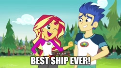 Size: 1280x720 | Tagged: safe, derpibooru import, edit, edited screencap, screencap, flash sentry, sunset shimmer, equestria girls, legend of everfree, best ship, caption, female, flashimmer, image macro, male, shipping, straight, text