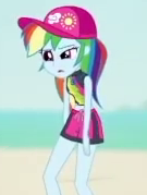 Size: 135x179 | Tagged: safe, derpibooru import, screencap, rainbow dash, aww... baby turtles, better together, equestria girls, beach, cap, clothes, cropped, female, hat, picture for breezies, standing, swimsuit