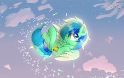 Size: 2000x1264 | Tagged: safe, artist:jadebreeze115, derpibooru import, oc, oc only, oc:jade breeze, pegasus, blue eyes, blue hair, chest fluff, cloud, colored wings, cute, digital art, ear fluff, ears, expressionless face, falling, feather, flying, glowing orb, gradient wings, hooves to the chest, legs, legs in air, looking away, male, multicolored hair, pegasus oc, shading, solo, sparkles, stallion, starry sky, sunset, tail, wings