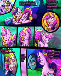 Size: 2400x3000 | Tagged: safe, artist:keytee-chan, derpibooru import, pear butter, princess cadance, princess celestia, twilight sparkle, twilight sparkle (alicorn), alicorn, unicorn, comic:the great big fusion 4 - mother of all, age regression, fusion, teen princess cadance