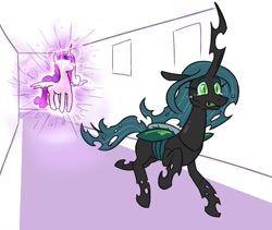 Size: 1016x859 | Tagged: safe, artist:jargon scott, part of a set, princess cadance, queen chrysalis, alicorn, changeling, changeling queen, pony, adorable distress, aura, battle aura, crying, cute, duo, february, female, floating, glowing eyes, hallway, levitation, magic, mare, meme, ponified meme, princess of love, running, scared, telekinesis, unlimited power
