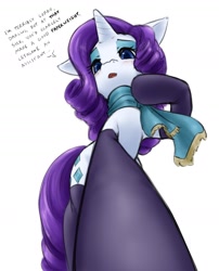 Size: 1358x1678 | Tagged: safe, artist:alloyrabbit, rarity, pony, unicorn, blushing, clothes, dialogue, female, from below, giantess, looking at you, looking down, macro, scarf, simple background, socks, solo, stockings, thigh highs, white background, worm's eye view