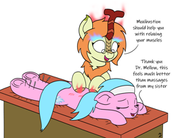 Size: 1750x1400 | Tagged: safe, artist:mkogwheel, aloe, oc, oc:crow mellow, earth pony, kirin, nirik, pony, acupuncture, blue mane, blue tail, dialogue, duo, duo female, eyes closed, female, fire, glasses, lowres, lying down, mare, massage, mid-transformation, moxibustion, pink coat, prone, simple background, smiling, underhoof, white background