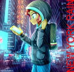 Size: 1720x1683 | Tagged: safe, artist:the-butch-x, sunset shimmer, equestria girls, cellphone, city, clothes, female, hoodie, new york city, phone, rain, smartphone, solo