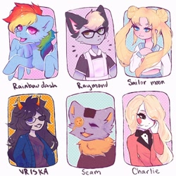 Size: 1080x1080 | Tagged: artist needed, source needed, safe, derpibooru import, anthro, cat, human, pegasus, pony, troll, animal crossing, anthro with ponies, bust, charlie magne, clothes, crossdressing, crossover, female, glasses, hazbin hotel, heterochromia, homestuck, maid, male, mare, open mouth, raymond, sailor moon, six fanarts, smiling, vriska serket, wings
