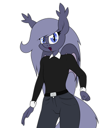 Size: 1933x2279 | Tagged: safe, artist:moonatik, derpibooru import, oc, oc only, oc:selenite, anthro, bat pony, bat pony oc, bat wings, belt, clothes, fangs, female, jeans, looking at you, mare, pants, simple background, smiling, solo, transparent background, wings