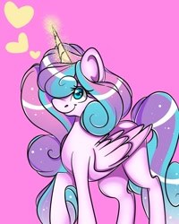 Size: 1080x1350 | Tagged: safe, artist:tessa_key_, derpibooru import, princess flurry heart, alicorn, pony, eyelashes, female, glowing horn, heart, horn, mare, older, older flurry heart, pink background, simple background, smiling, solo, wings