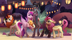 Size: 2703x1500 | Tagged: safe, artist:28gooddays, derpibooru import, autumn blaze, fluttershy, princess cadance, queen chrysalis, alicorn, changeling, changeling queen, kirin, phoenix, pony, baby phoenix, commission, female, hoof over mouth, hug, jewelry, kirin fluttershy, kirin-ified, regalia, smiling, species swap