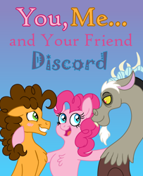 Size: 650x800 | Tagged: safe, alternate version, artist:tempestcord, derpibooru import, cheese sandwich, discord, pinkie pie, draconequus, earth pony, pony, cheesepie, discopie, fanfic art, female, gradient background, grin, male, nervous, nervous grin, polyamory, shipping, smiling, straight, text