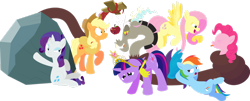 Size: 1920x779 | Tagged: safe, alternate version, artist:alexdti, derpibooru import, applejack, fluttershy, pinkie pie, rainbow dash, rarity, tom, twilight sparkle, unicorn twilight, draconequus, earth pony, pegasus, pony, unicorn, the return of harmony, angry, apple, applejack's hat, big crown thingy, clothes, cowboy hat, crying, discorded, element of magic, female, food, hat, jewelry, male, mane six, mare, open mouth, pffftftpfpfffttff, pointing, regalia, rock, rude, sad, simple background, sitting, tongue out, transparent background, vector