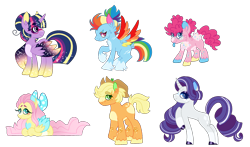 Size: 1540x908 | Tagged: safe, artist:tragedy-kaz, derpibooru import, applejack, fluttershy, pinkie pie, rainbow dash, rarity, twilight sparkle, twilight sparkle (alicorn), alicorn, earth pony, pegasus, pony, unicorn, applejack's hat, bow, clothes, colored hooves, colored wings, cowboy hat, ethereal mane, glasses, gradient hooves, hair bow, hat, mane six, missing cutie mark, multicolored hooves, multicolored wings, ponytail, rainbow wings, raised hoof, raised leg, redesign, scar, starry mane, starry wings, wings
