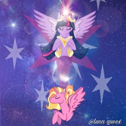 Size: 1080x1080 | Tagged: safe, artist:luna.queex, derpibooru import, luster dawn, princess twilight 2.0, twilight sparkle, twilight sparkle (alicorn), alicorn, pony, the last problem, alicornified, bust, duo, ethereal mane, eyes closed, female, horn, mare, older, older twilight, race swap, starry mane, stars, wings
