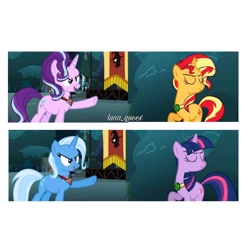 Size: 1080x1080 | Tagged: safe, artist:luna.queex, derpibooru import, edit, edited screencap, screencap, starlight glimmer, sunset shimmer, trixie, twilight sparkle, unicorn twilight, pony, unicorn, magic duel, alicorn amulet, female, horn, looking back, mare, outdoors, raised hoof, raised leg, smiling