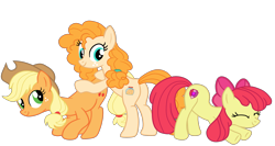 Size: 2192x1168 | Tagged: safe, artist:gmaplay, derpibooru import, apple bloom, applejack, pear butter, earth pony, pony, applejack's hat, bloom butt, bow, butt, butt touch, clothes, cowboy hat, eyes closed, female, hat, hoof on butt, plot, stretching, trio, trio female