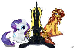 Size: 2074x1329 | Tagged: safe, artist:lupiarts, artist:missmele-madness, artist:mixdaponies, derpibooru import, queen chrysalis, rarity, sunset shimmer, changeling, changeling queen, unicorn, collaboration, bacon, bacon hair, cheese, female, food, marshmallow, meat, swiss cheese, yellow changeling