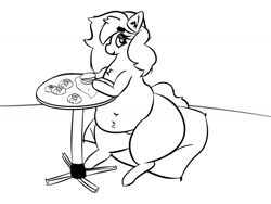 Size: 1400x1050 | Tagged: safe, artist:boilingtrees, derpibooru import, oc, oc only, oc:pencil test, earth pony, pony, belly, belly button, big belly, burger, fat, female, food, gift art, grayscale, monochrome, sitting, solo, table, wide hips