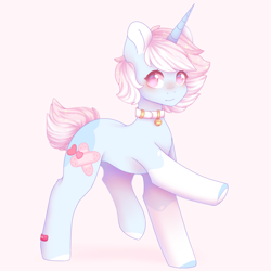 Size: 1800x1800 | Tagged: safe, artist:m1lkycloud, derpibooru import, oc, oc only, pony, unicorn, bandaid, bell collar, pink background, short tail, simple background, solo