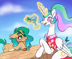 Size: 779x637 | Tagged: safe, artist:polymercorgi, derpibooru import, princess celestia, oc, oc:beach grass, alicorn, earth pony, pony, clothes, cocktail, hawaiian shirt, magic, male, no pupils, ponytail, shirt, stallion, telekinesis