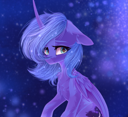 Size: 2097x1910 | Tagged: safe, artist:maybeweed, derpibooru import, princess luna, alicorn, pony, chest fluff, ears, female, floppy ears, mare, s1 luna, solo, starry background