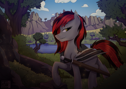 Size: 1755x1243 | Tagged: safe, artist:alicetriestodraw, derpibooru import, oc, oc only, oc:cinder, bat pony, digital art, forest, illustration, lake, mountain, scenery, shield, solo, sword, tree, walking, weapon