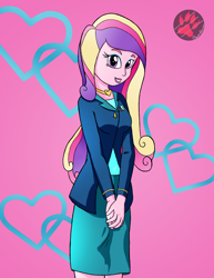 Size: 2700x3500 | Tagged: safe, artist:darkprinceismyname, derpibooru import, dean cadance, princess cadance, equestria girls, clothes, female, heart, high res, looking at you, pink background, simple background, skirt, solo