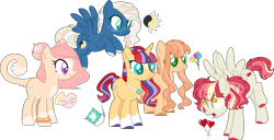 Size: 3674x1883 | Tagged: safe, artist:stalebread-chan, derpibooru import, oc, oc only, oc:dizzy balloons, oc:glittering fabric, oc:kitty coture, oc:midnight sun, oc:tulip may, earth pony, hybrid, pegasus, pony, unicorn, base used, coat markings, colored pupils, crack ship offspring, earth pony oc, flying, freckles, horn, interspecies offspring, magical lesbian spawn, next generation, offspring, parent:big macintosh, parent:capper dapperpaws, parent:derpy hooves, parent:fluttershy, parent:night glider, parent:princess cadance, parent:rarity, parent:roseluck, parent:sunburst, parent:sunset shimmer, parents:cadper, parents:derpyluck, parents:fluttermac, parents:nightshimmer, parents:rariburst, pegasus oc, simple background, socks (coat marking), star (coat marking), transparent background, unicorn oc