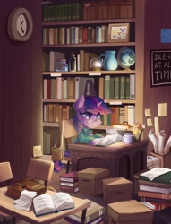 Size: 3132x4096 | Tagged: safe, artist:saxopi, derpibooru import, twilight sparkle, pony, unicorn, book, bookshelf, box, clock, clothes, glasses, globe, inkwell, jar, library, mug, quill, satchel, shirt, solo