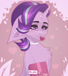 Size: 1800x2000 | Tagged: safe, artist:villjulie, derpibooru import, starlight glimmer, pony, unicorn, chest fluff, choker, heart, heart eyes, jewelry, lidded eyes, mouth hold, present, solo, wingding eyes