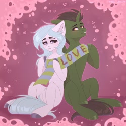 Size: 2000x2000 | Tagged: safe, artist:villjulie, derpibooru import, oc, oc only, alicorn, earth pony, pony, clothes, female, heart, male, scarf, smiling, straight