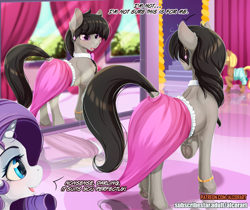 Size: 1000x840 | Tagged: safe, artist:alcor, derpibooru import, octavia melody, rarity, earth pony, pony, unicorn, clothes, curtains, dialogue, dock, duo focus, ear piercing, earring, female, frog (hoof), jewelry, mare, mirror, open mouth, piercing, raised hoof, raised leg, stairs, text